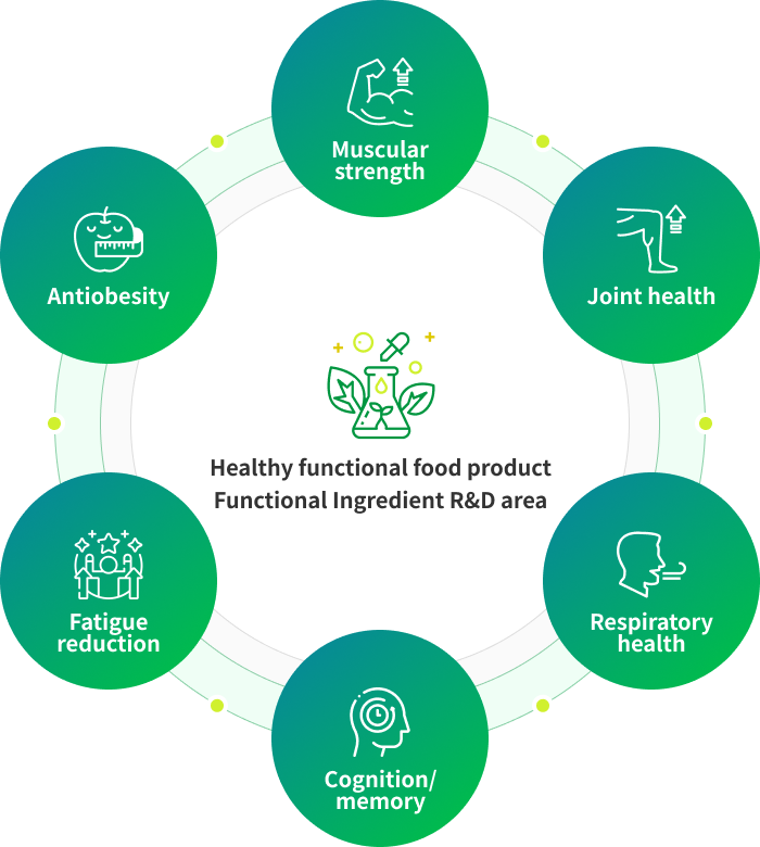 Healthy functional food product Functional ingredient R&D area - Muscular strength, Joint health, Respiratory system health, Cognition/memory, Liver health, Antiobesity